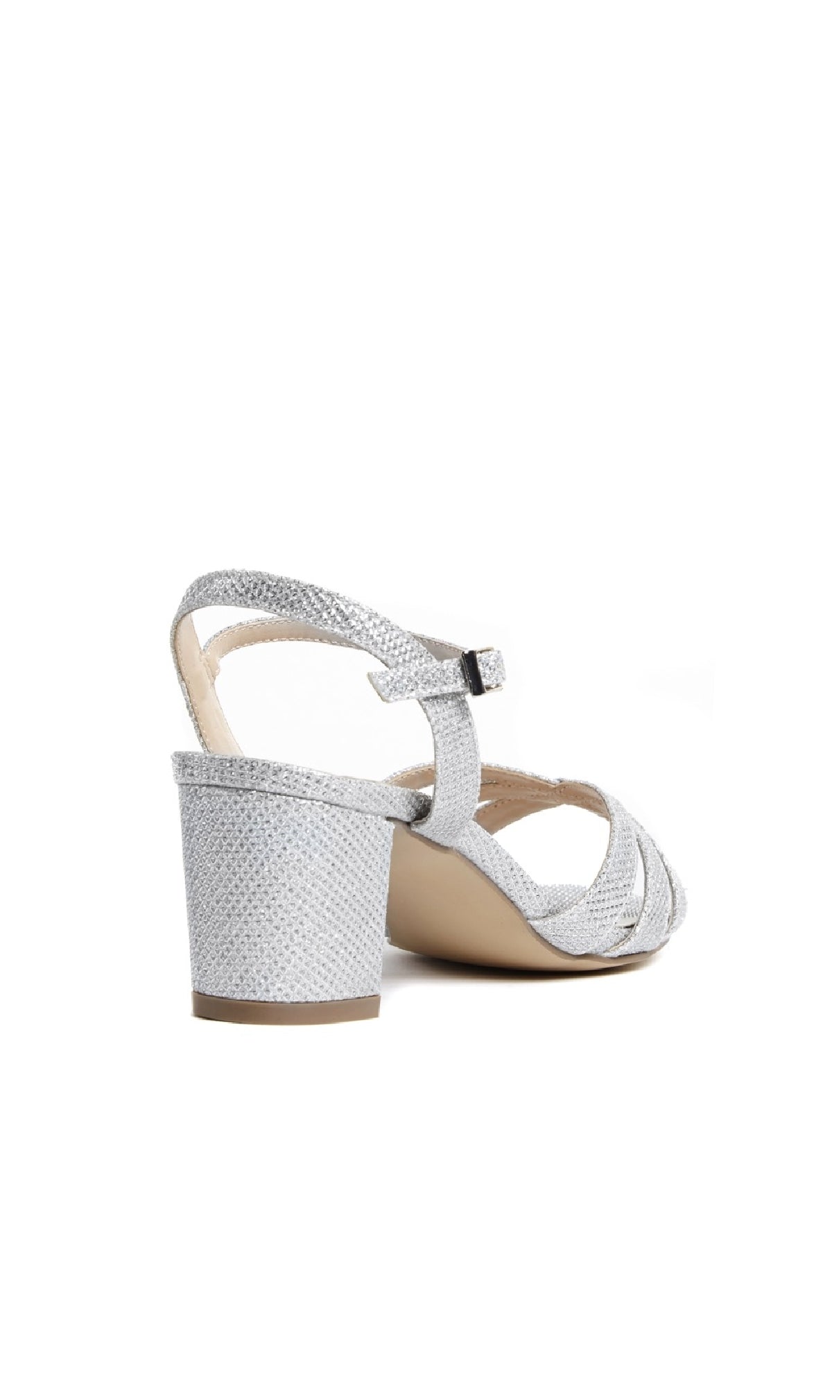 The Colette Sparkly Silver Prom Shoes: Paradox London P1801 feature a textured finish, open-toe design, mid-height block heels, and an ankle strap with buckle, shown from a rear side angle against a white background.